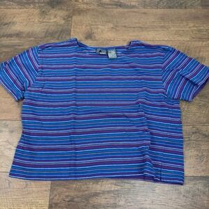 Vintage Lizwear Boxy Cropped T-Shirt Women's Large Blue Stripe